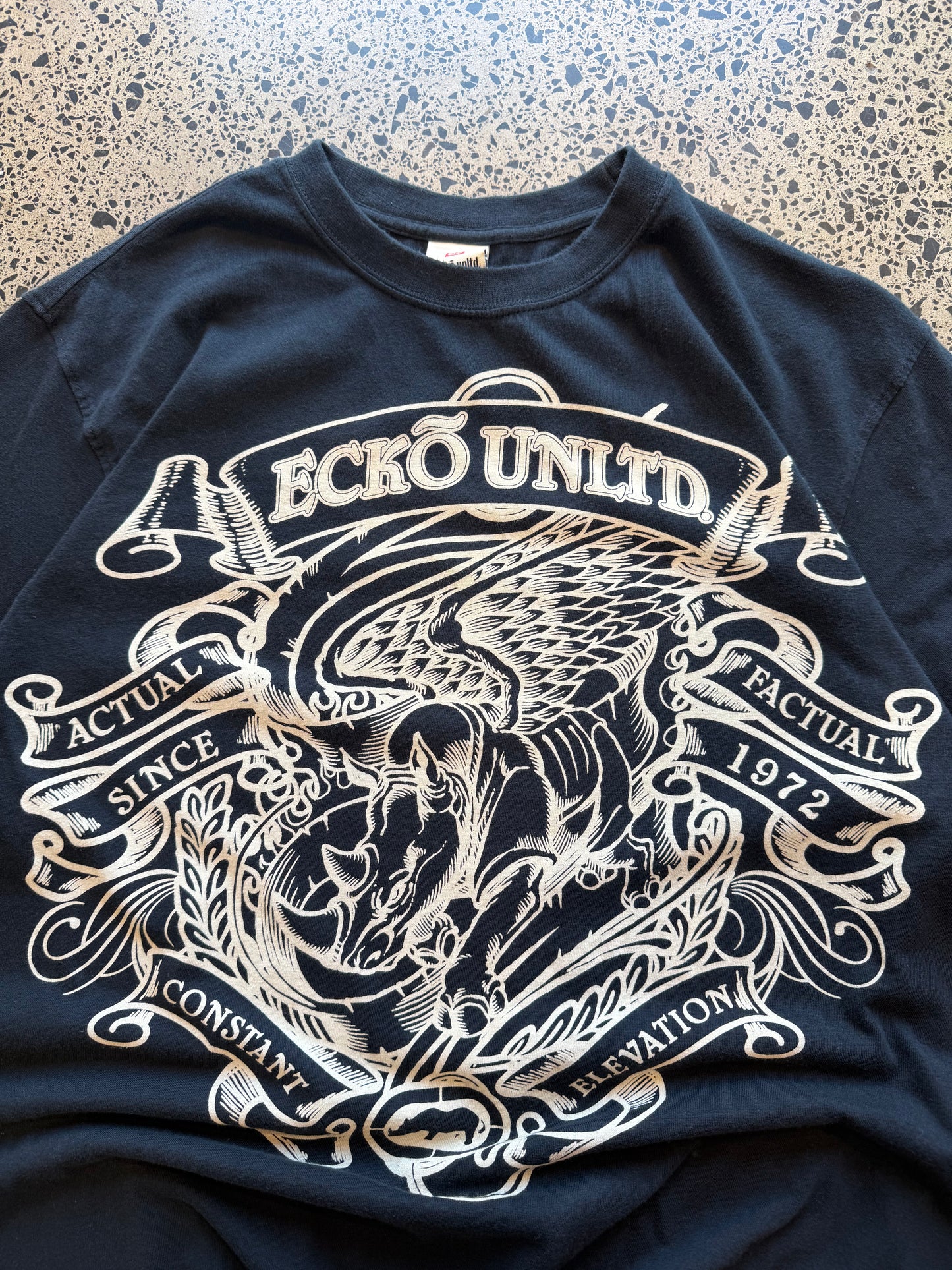 Ecko Unltd black graphic T-shirt size XL laid on polished concrete background — bold Y2K-style print on soft black cotton.